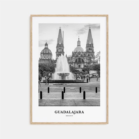 Guadalajara Cathedral Fountain Plaza Mexico Black And White Travel Poster