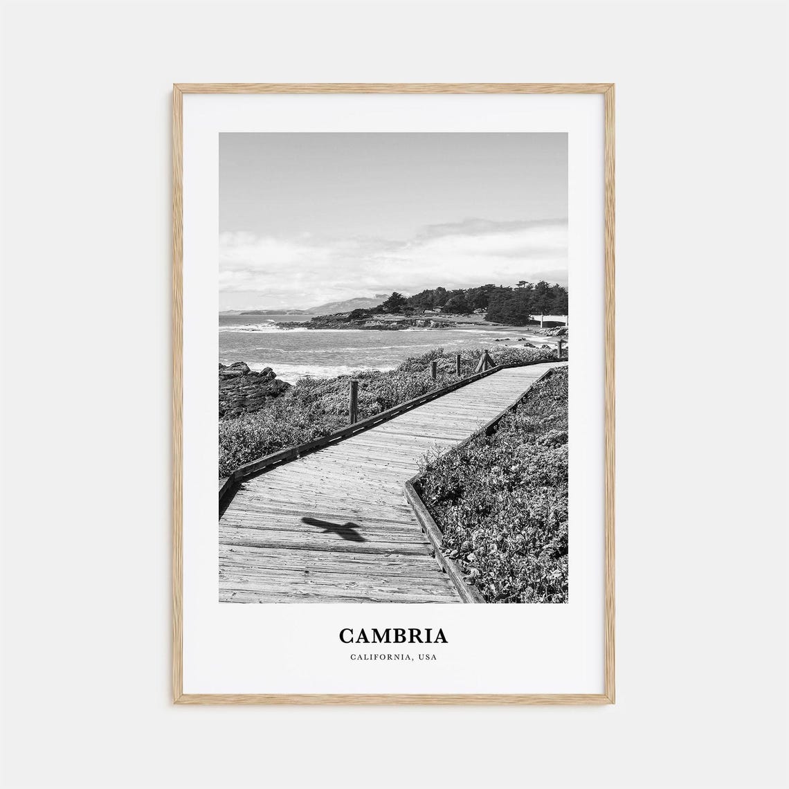 Cambria California Coastal Boardwalk Ocean Path Monochrome Poster
