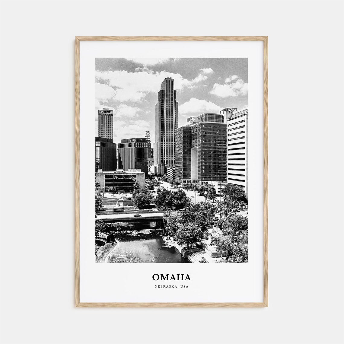 Omaha Nebraska Downtown Skyline River Black White City Travel Poster