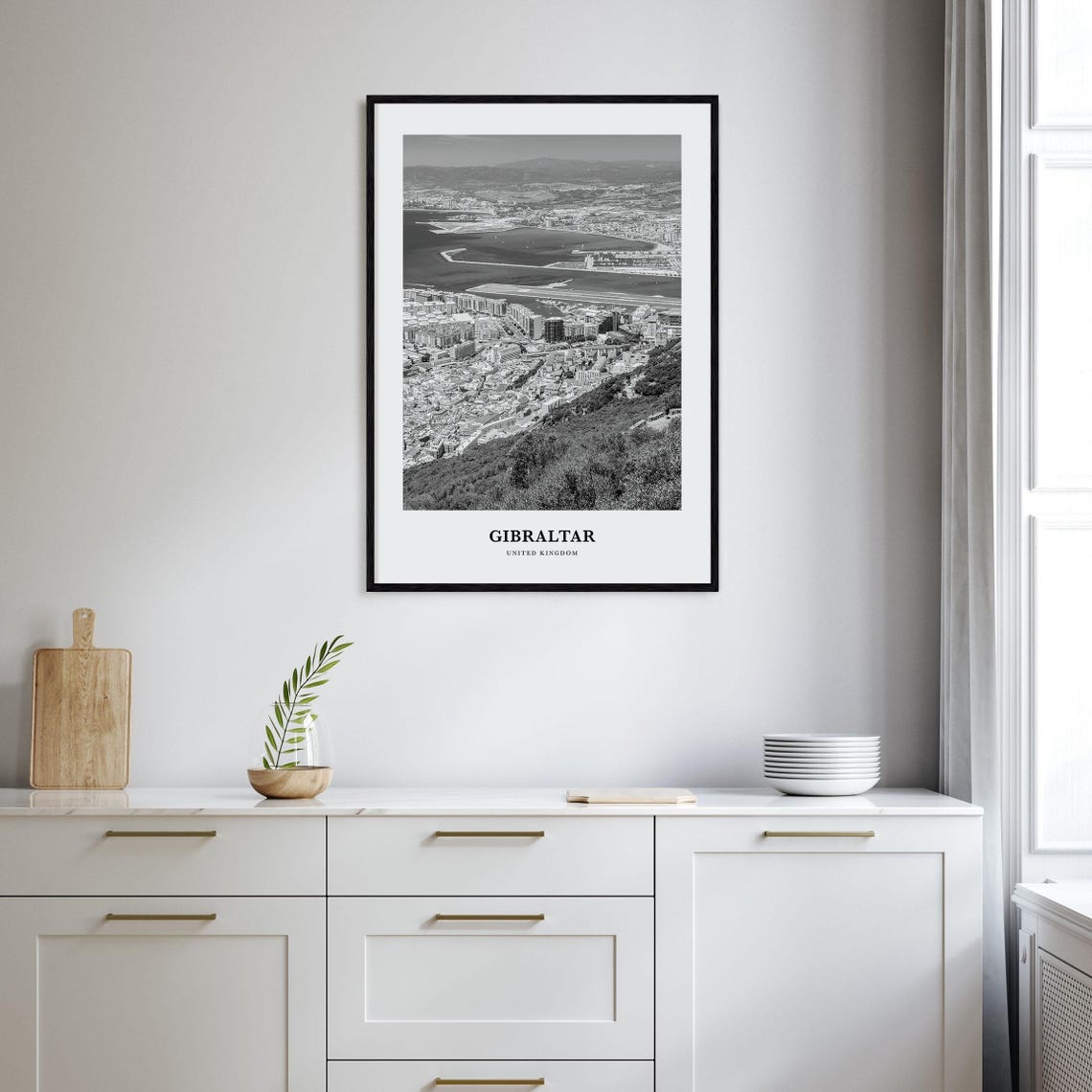 Gibraltar United Kingdom Aerial Bay Harbor Black and White Poster - Image 2