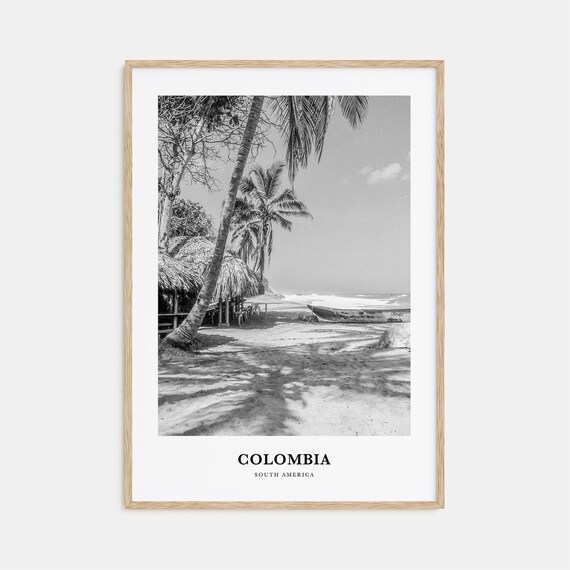 Colombia Caribbean Beach Palm Trees Thatched Huts Black and White Poster