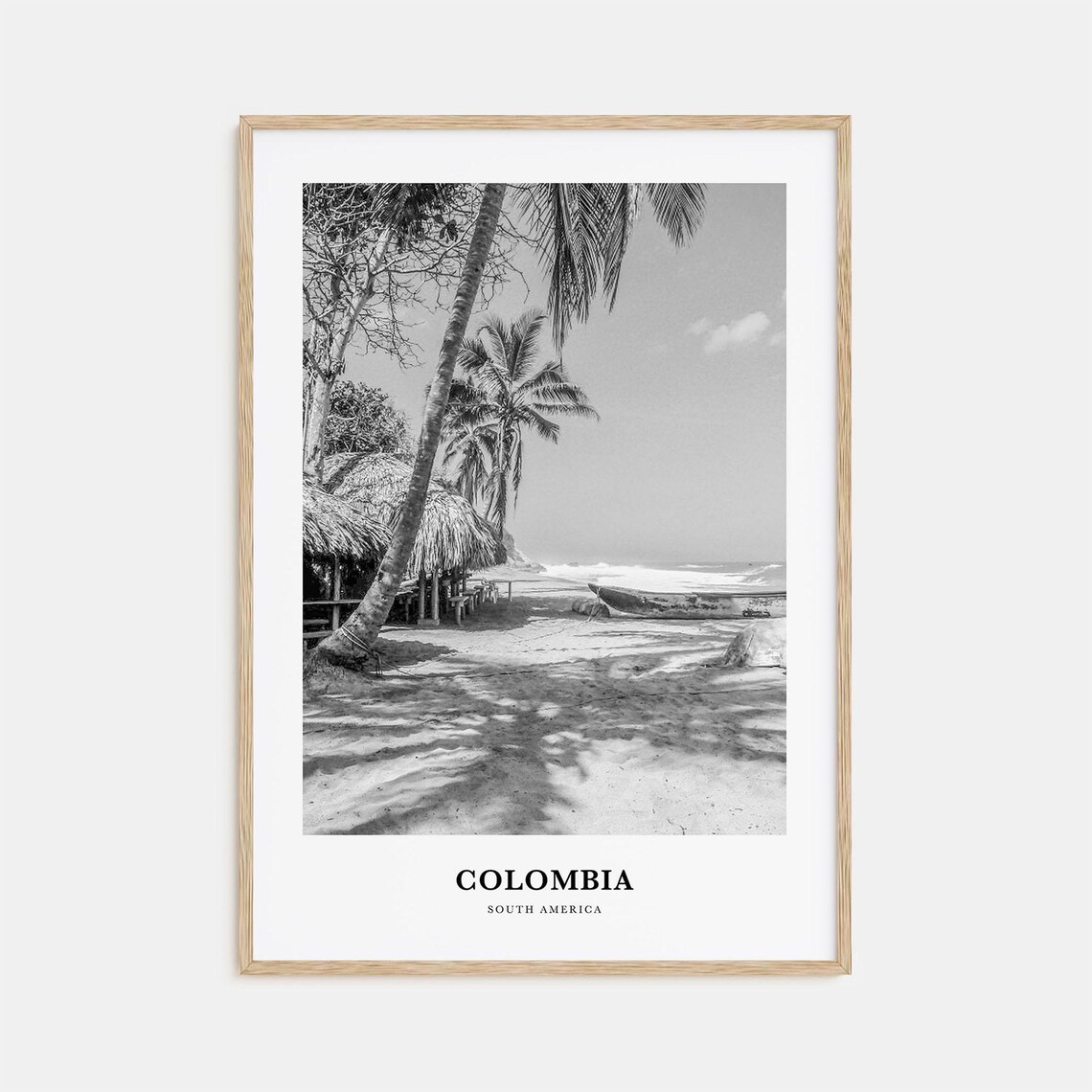 Colombia Caribbean Beach Palm Trees Thatched Huts Black and White Poster