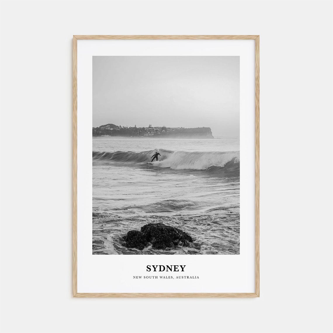 Sydney Surfer Riding Wave Black White Beach Ocean Photo Poster