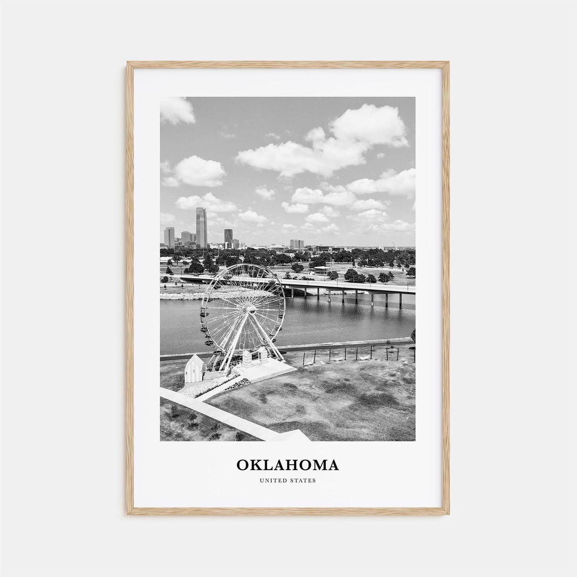 Oklahoma Ferris Wheel Riverside Skyline Black and White Photo Poster