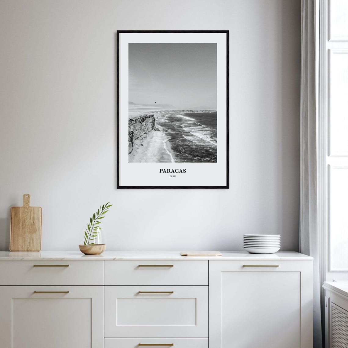 Paracas Peru Coastal Cliffs and Ocean Waves Black White Poster - Image 2