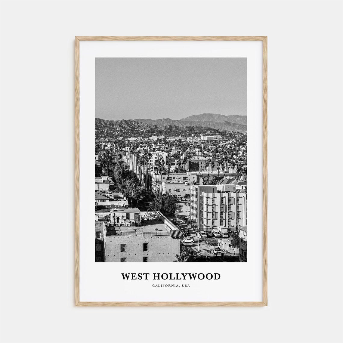 West Hollywood California Cityscape With Hills Black White Poster