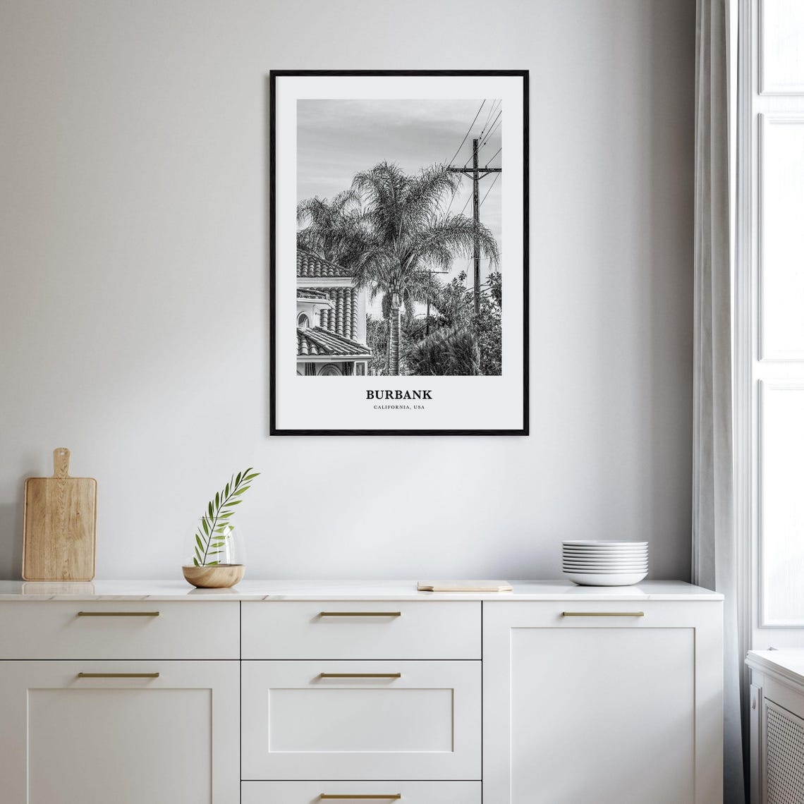 Burbank Queen Palm Spanish Tile Roof Street Black and White Poster - Image 2