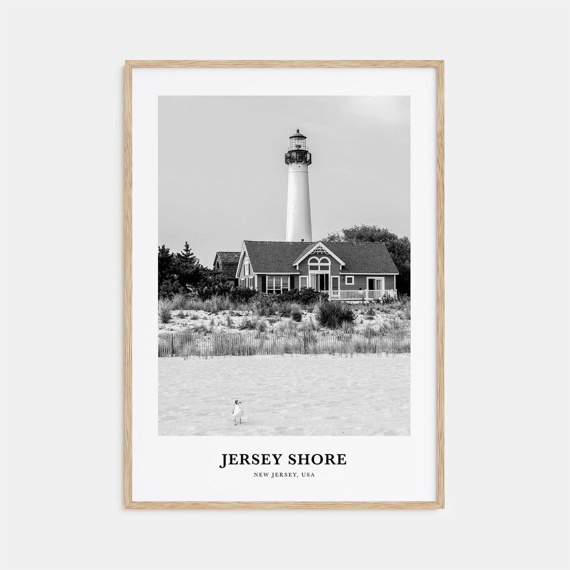 Jersey Shore Black and White Cape May Lighthouse Beach Poster