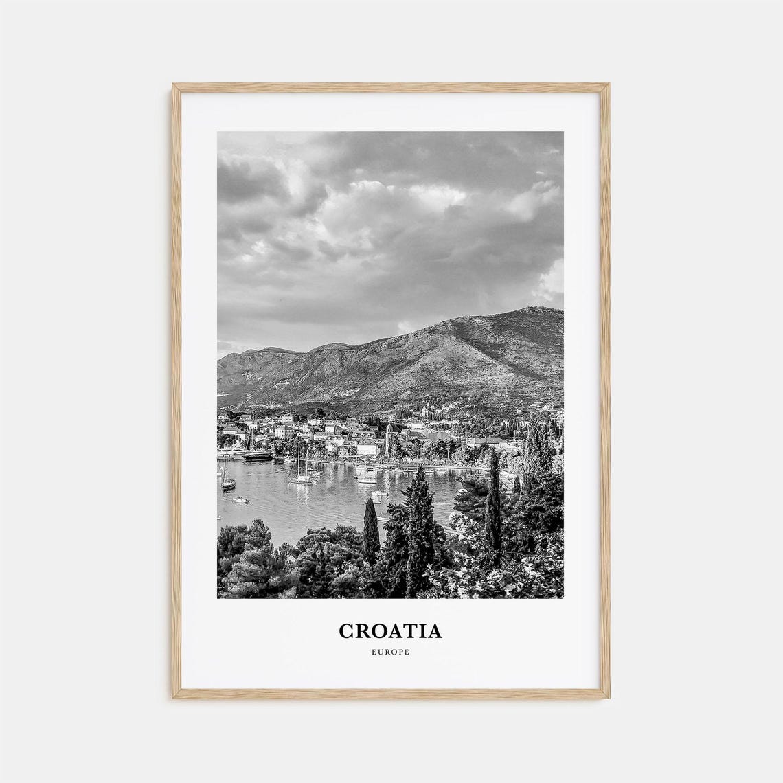 Croatia Coastal Bay and Mountains Black and White Travel Poster