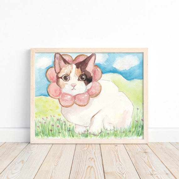 Whimsical Cat Art, Watercolor Cat Decor