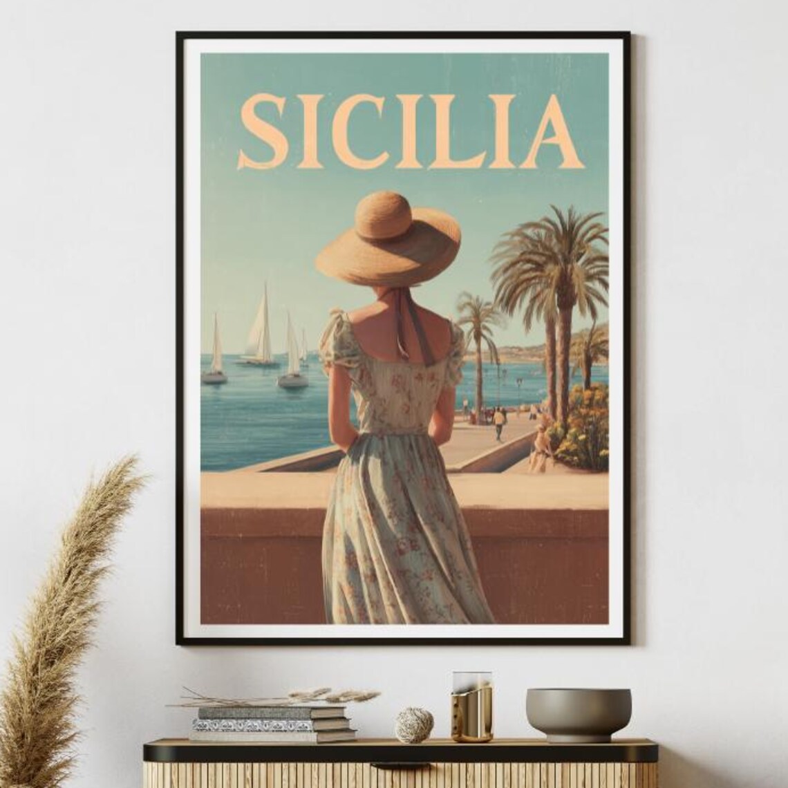 Sicilia Italy Woman Sunhat Sailboats Retro Vintage Travel Poster