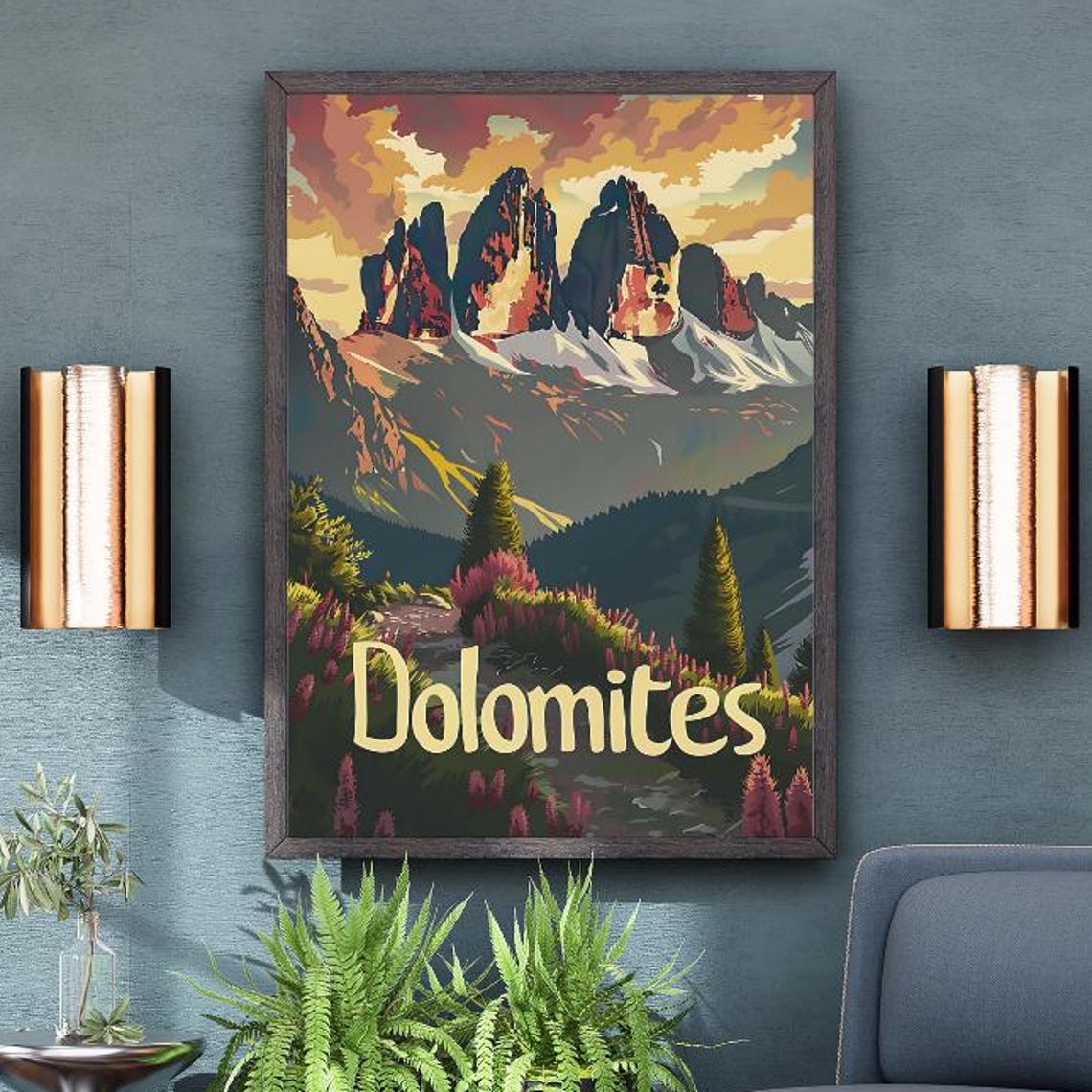 Dolomites Italy Alpine Mountain Peaks Retro Vintage Travel Poster