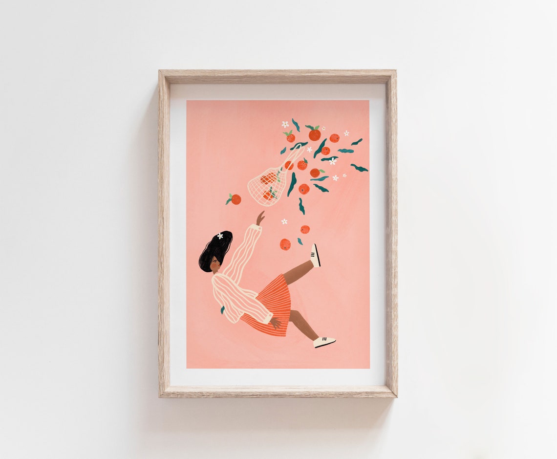 Balance Woman Juggling Oranges Playful Citrus Kitchen Poster