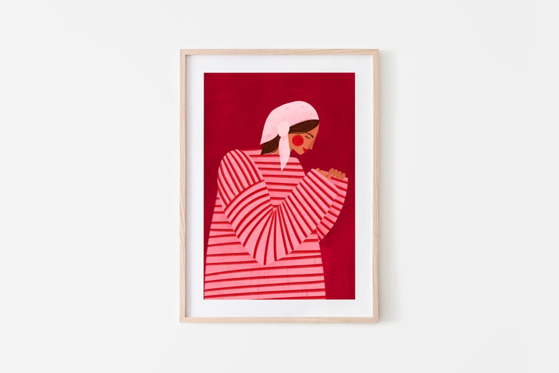 Woman With Red Stripes Line Art Portrait Print