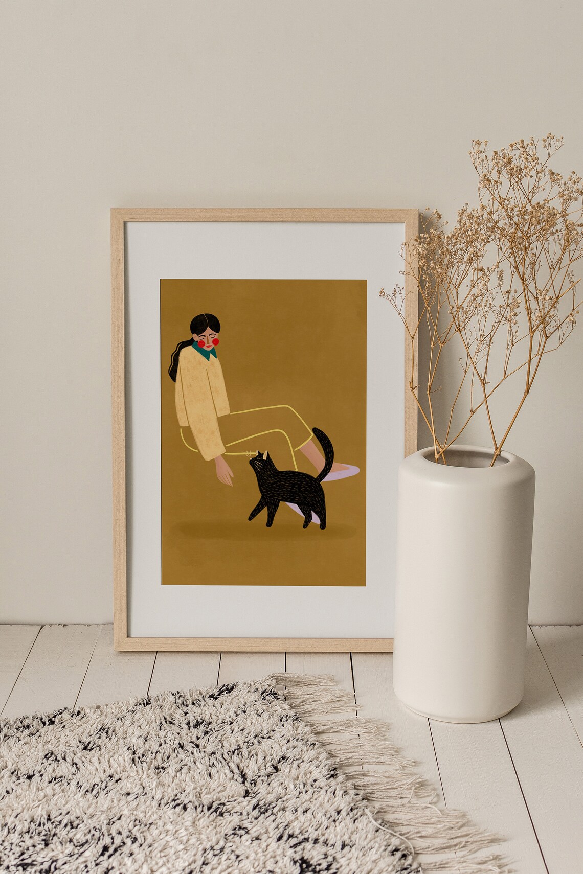 Woman And Black Cat Minimal Gold Background Illustration Poster - Image 3