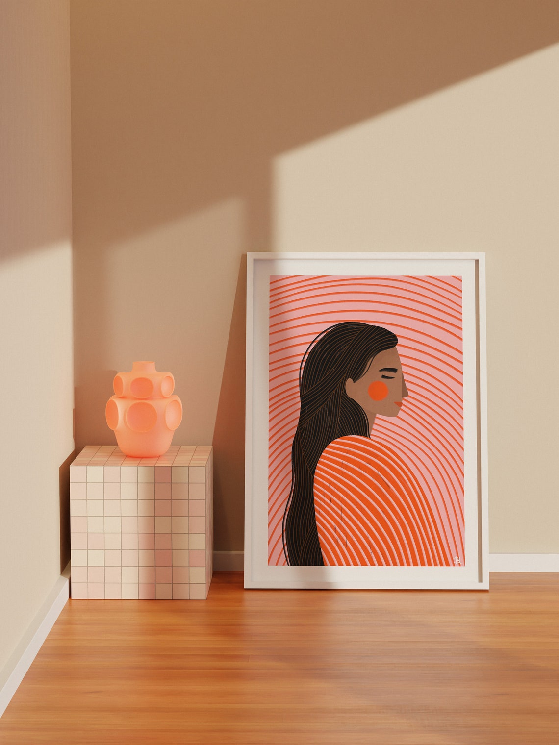 Woman Profile With Flowing Dark Hair Orange Stripes Portrait Poster - Image 4