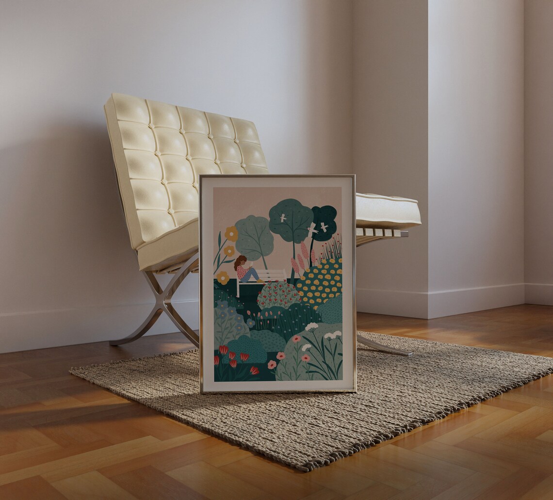 Garden Bench Illustrated Landscape Art Print - Image 4