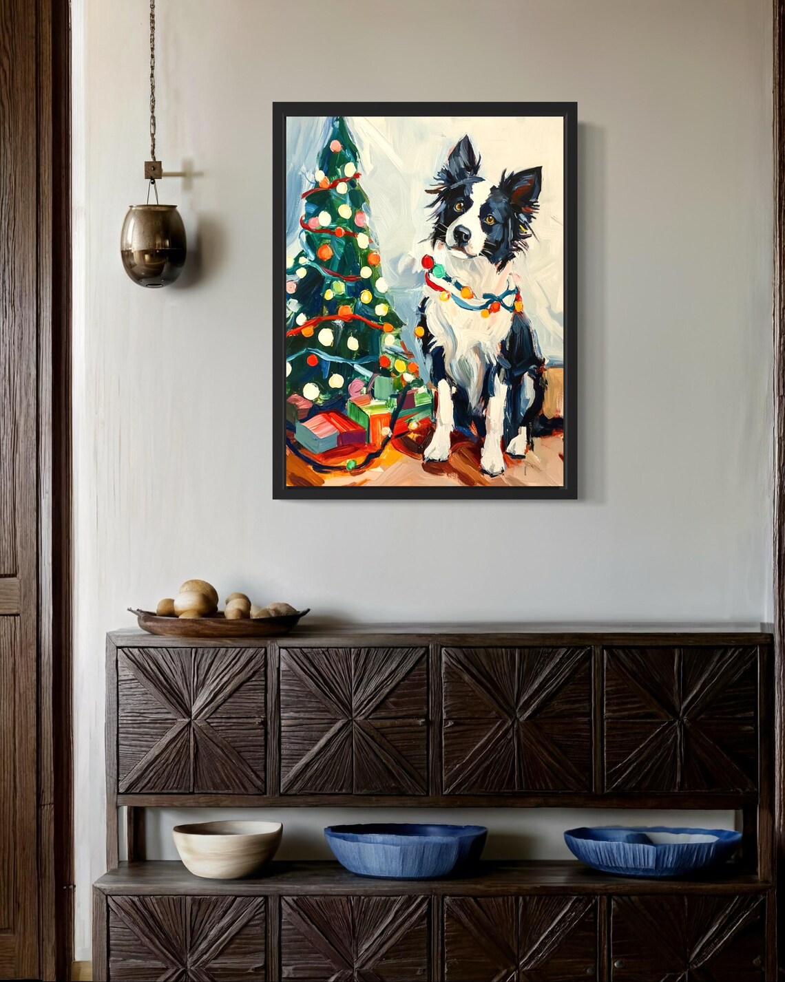 Border Collie Dog Wrapped in Bright Christmas Lights Holiday Poster - Image 3