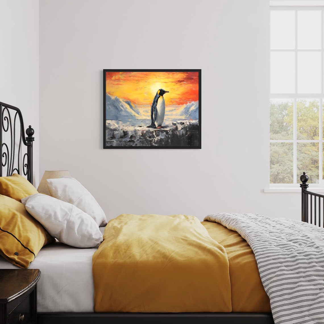 Emperor Penguin on Ice Ledge Sunset Oil Painting Style Poster - Image 2