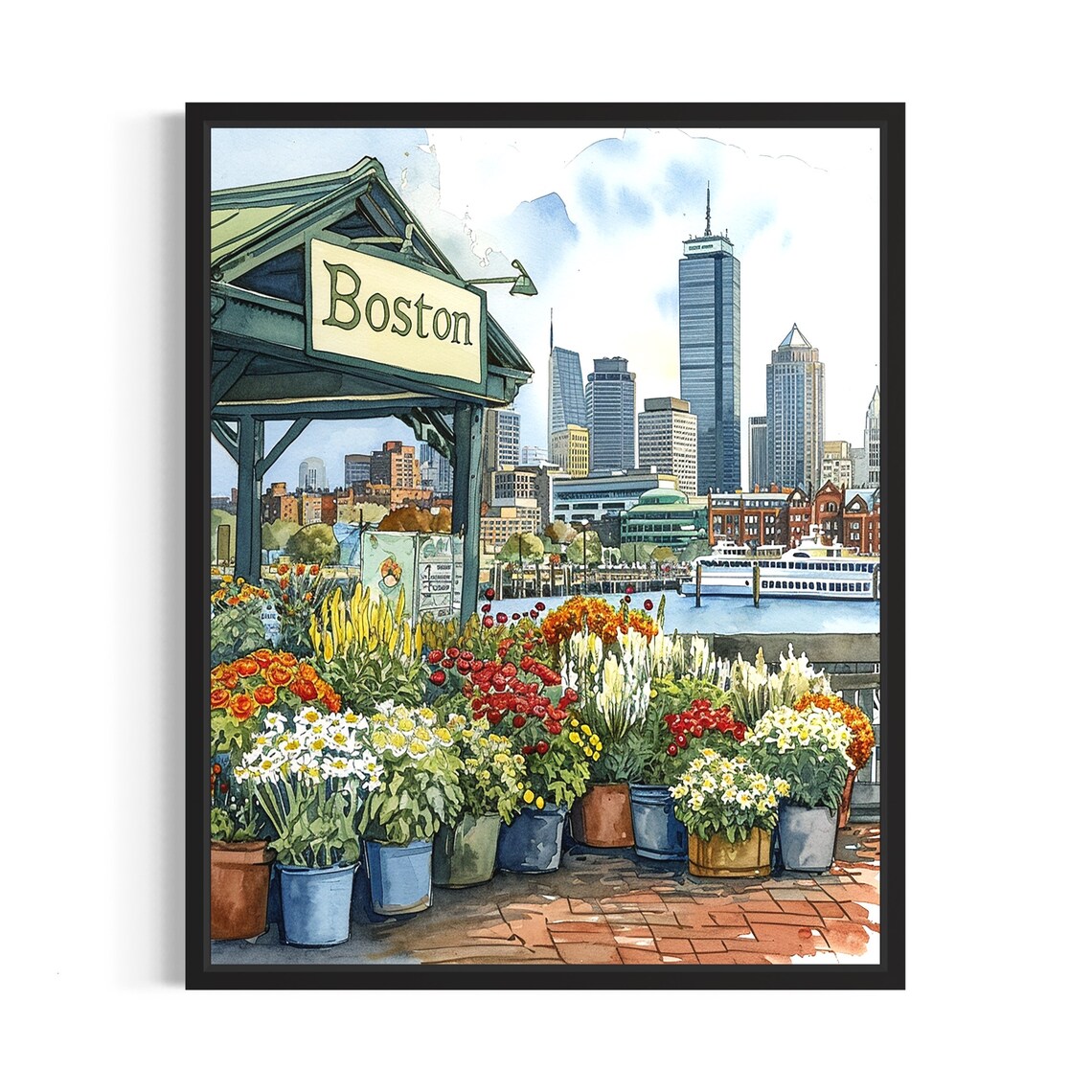 Boston Flower Market Watercolor Poster Harbor Ferry Skyline Scene