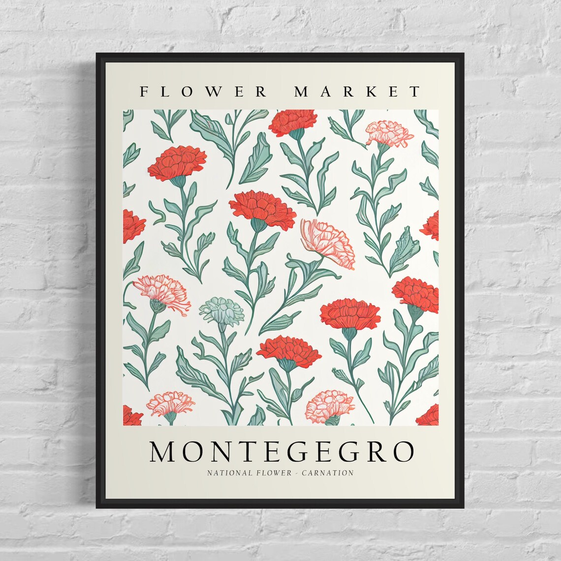 Montenegro Flower Market Red Carnation Vintage Botanical Poster
