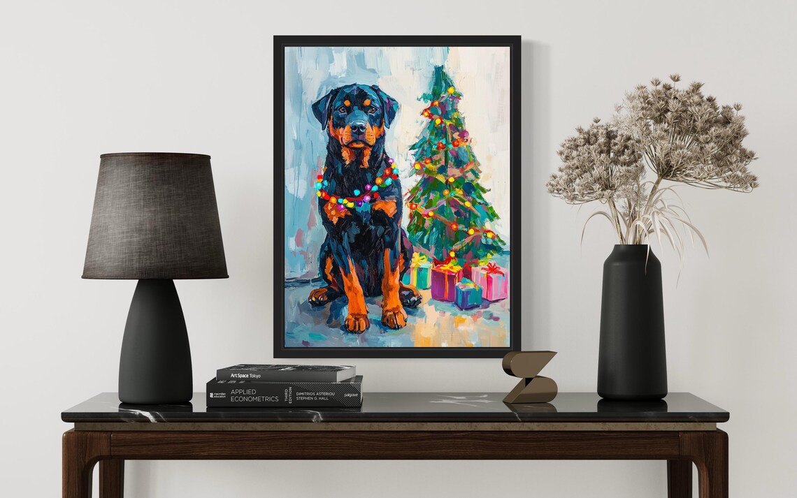 Rottweiler Dog Wrapped in Bright Christmas Lights Holiday Poster - Image 3
