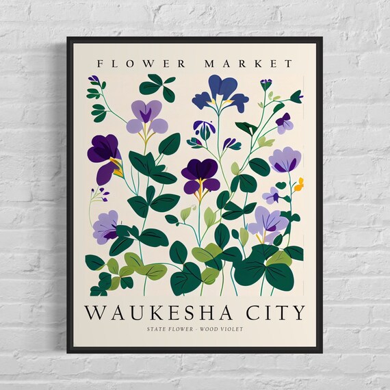 Vintage Waukesha City Wisconsin Wood Violet Flower Market Art Poster