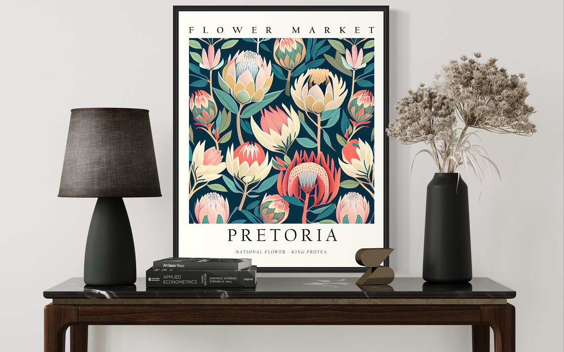 Pretoria Flower Market King Protea Dark Botanical Art Poster - Image 2