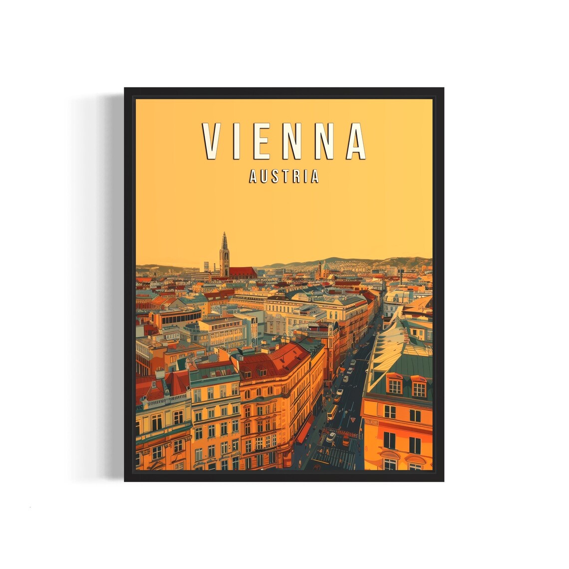 Vienna Austria Cityscape Vintage Travel Poster Golden Sunset Art
