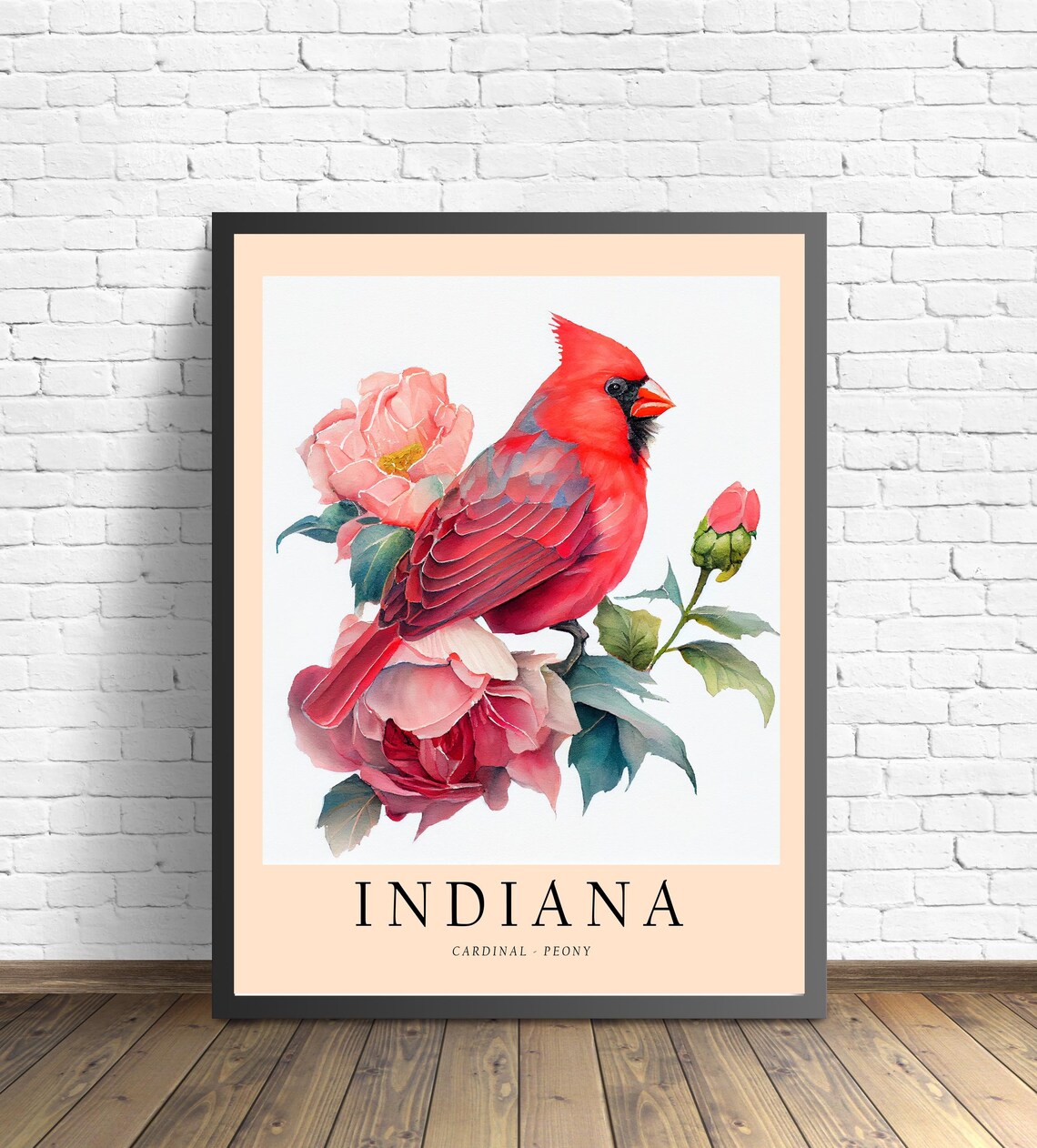 Indiana Cardinal Peony Pink Flower Bird Watercolor Print Artwork