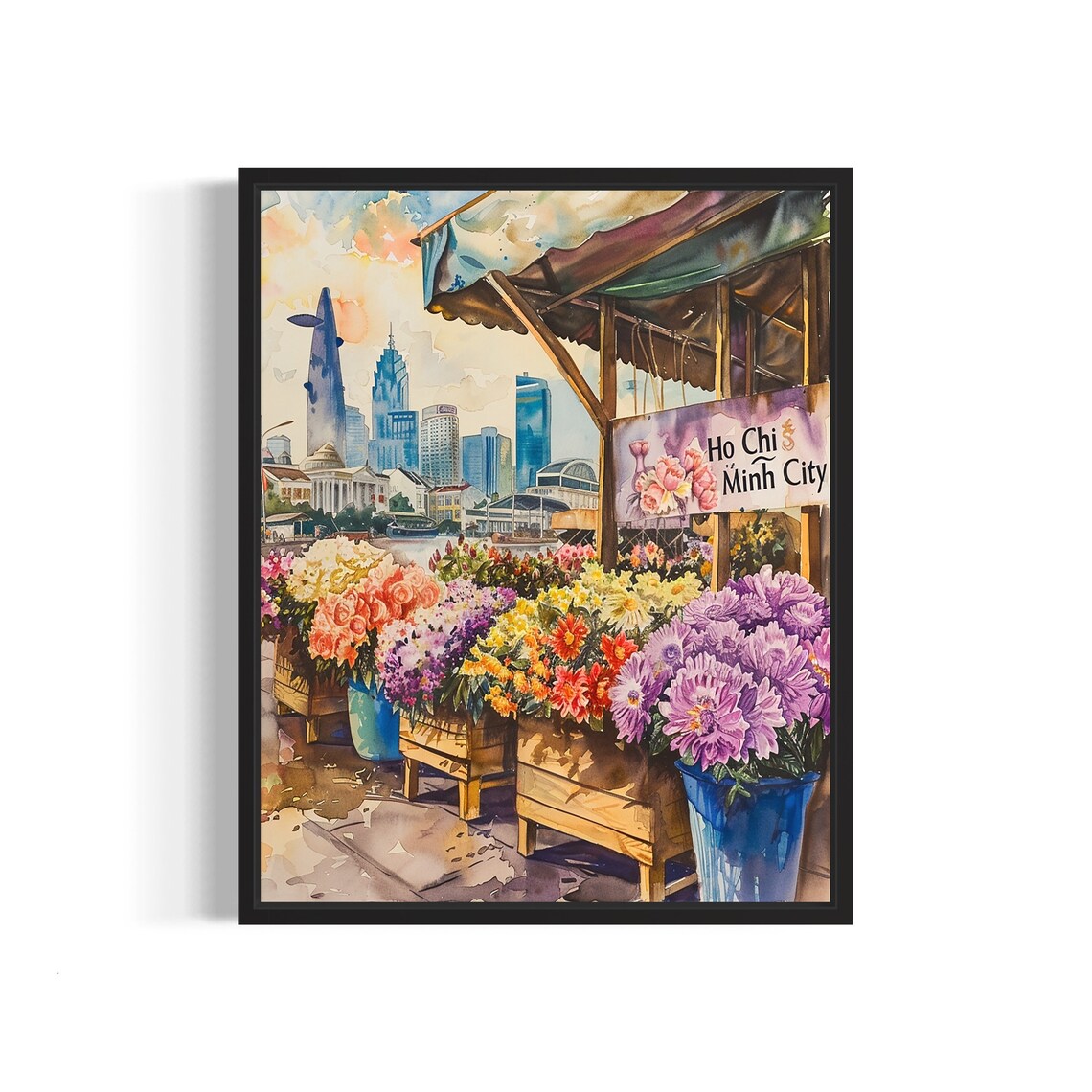 Ho Chi Minh City Skyline Watercolor Flower Market Scene Poster