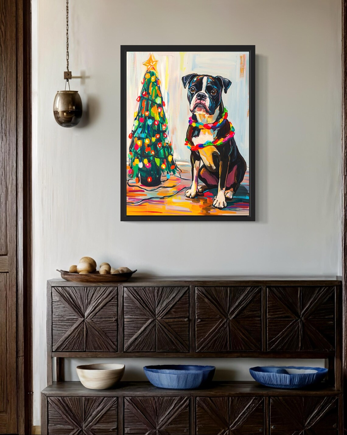 Boston Terrier Dog Wrapped in Bright Christmas Lights Holiday Poster - Image 3