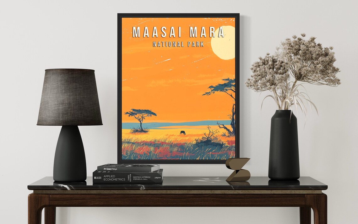 Maasai Mara National Park African Savanna Sunset Vintage Poster - Image 2