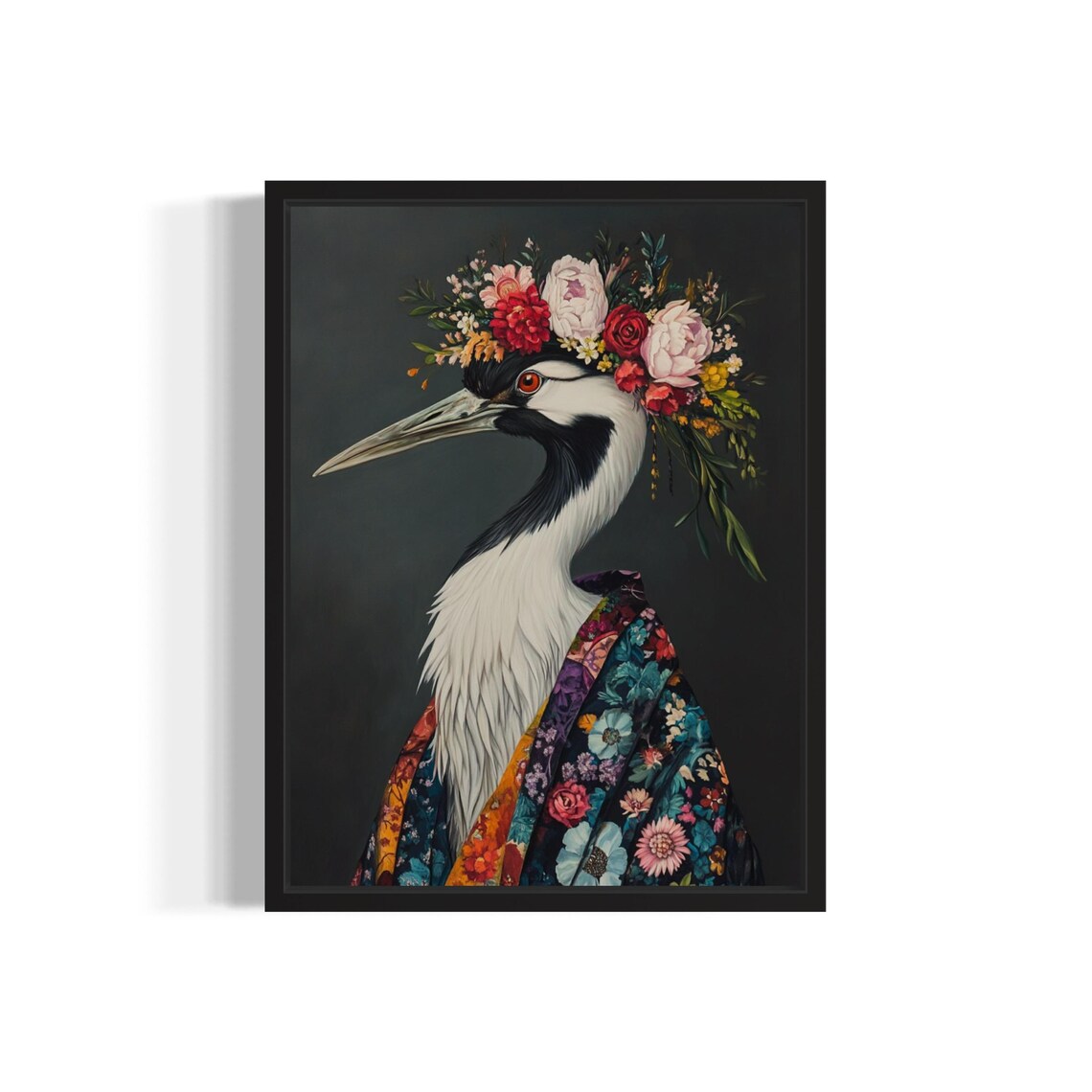 Crane Flower Crown Kimono Portrait Japanese Style Bird Art Poster
