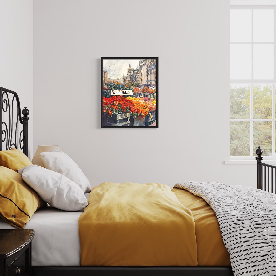 Montevideo Flower Market Watercolor Poster with Historic Avenue View - Image 3
