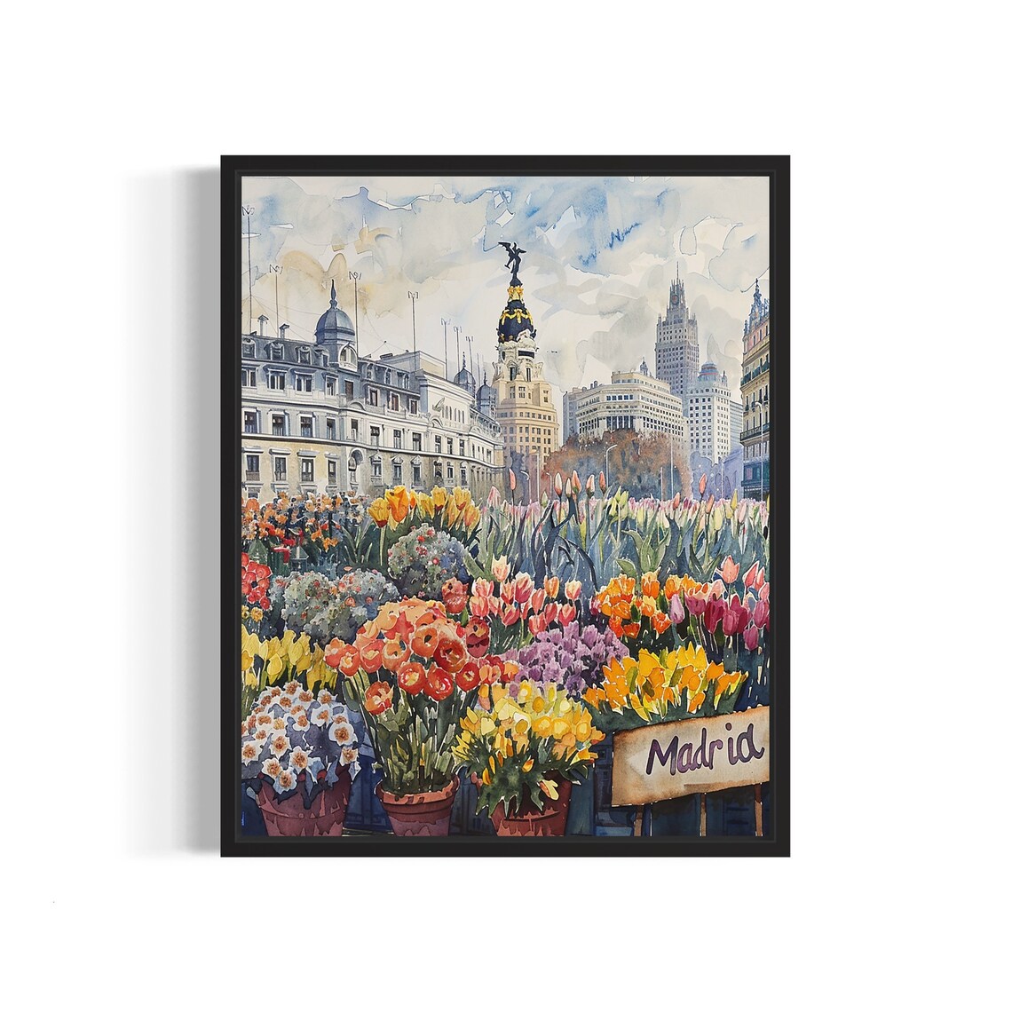 Madrid Spain Grand Plaza Watercolor Flower Market Scene Poster