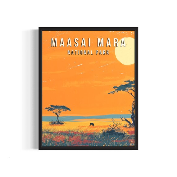 Maasai Mara National Park African Savanna Sunset Vintage Poster