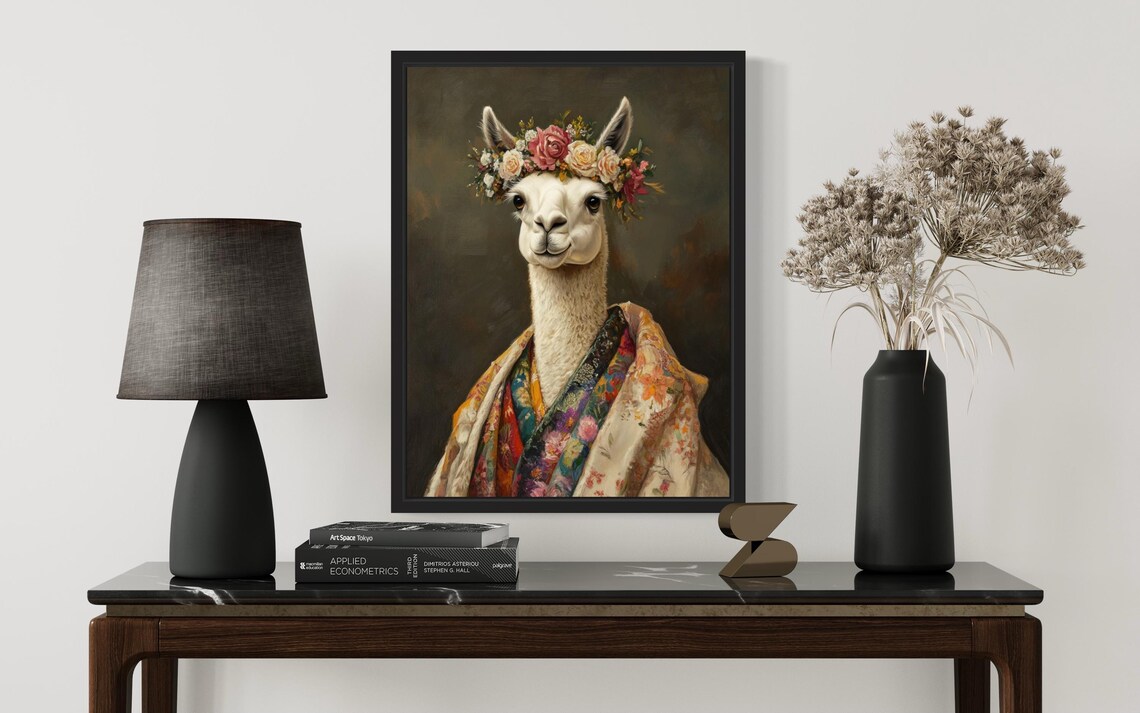 White Llama With Rose Flower Crown In Cream Floral Kimono Art Print - Image 2