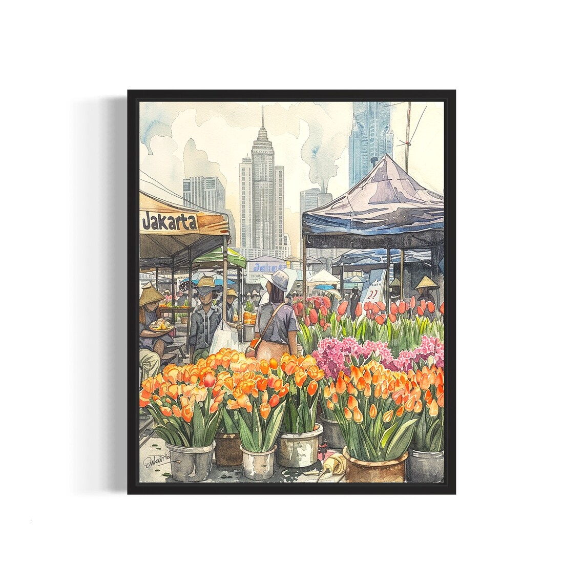 Jakarta Flower Market Watercolor Poster Bustling Street Stalls