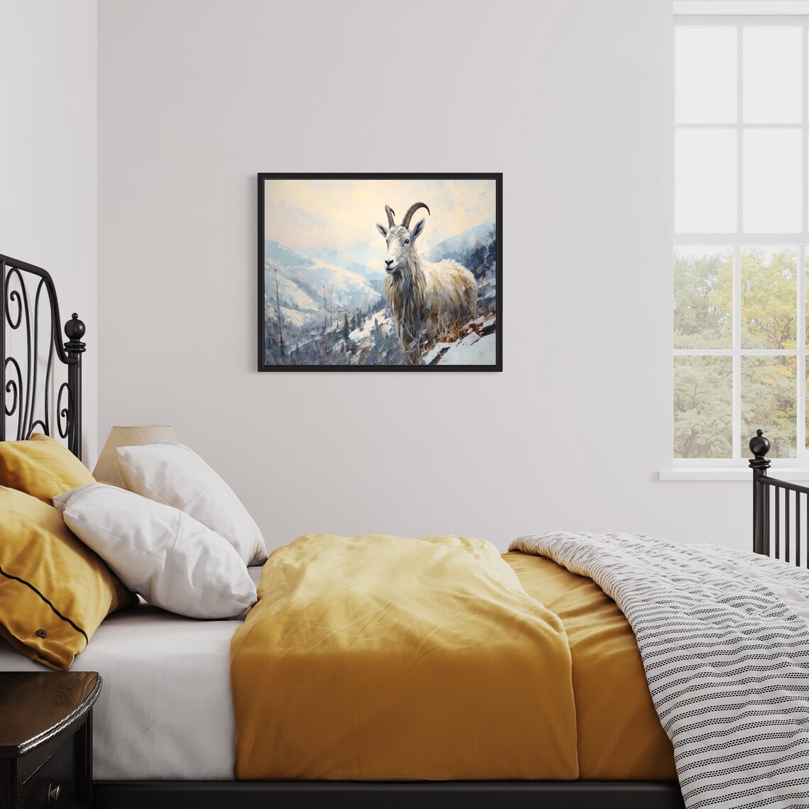 Mountain Goat Standing on Snowy Alpine Ridge Painting Poster - Image 2