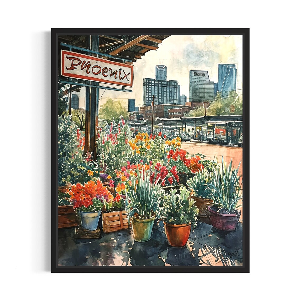 Phoenix Arizona Potted Plant Market Watercolor Downtown Poster
