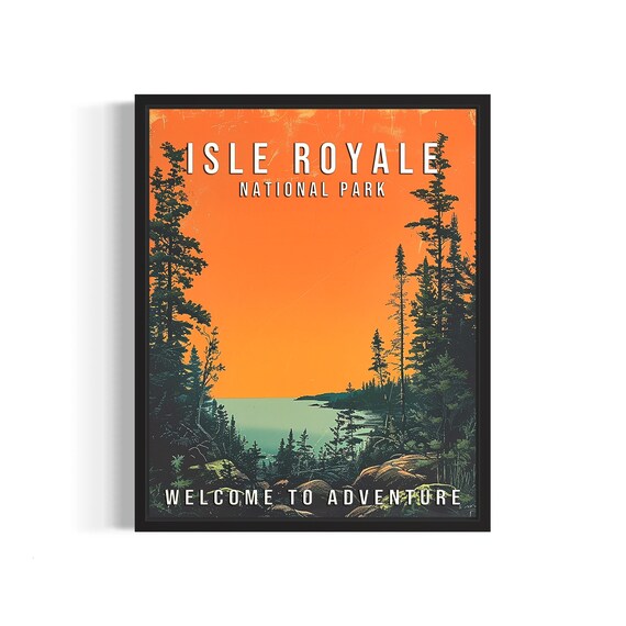 Isle Royale National Park Michigan Lakeside Forest Sunset Travel Poster