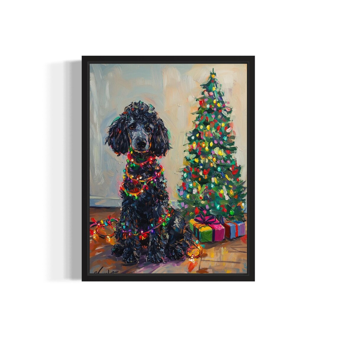 Poodle Dog Tangled In Christmas Lights Art Print
