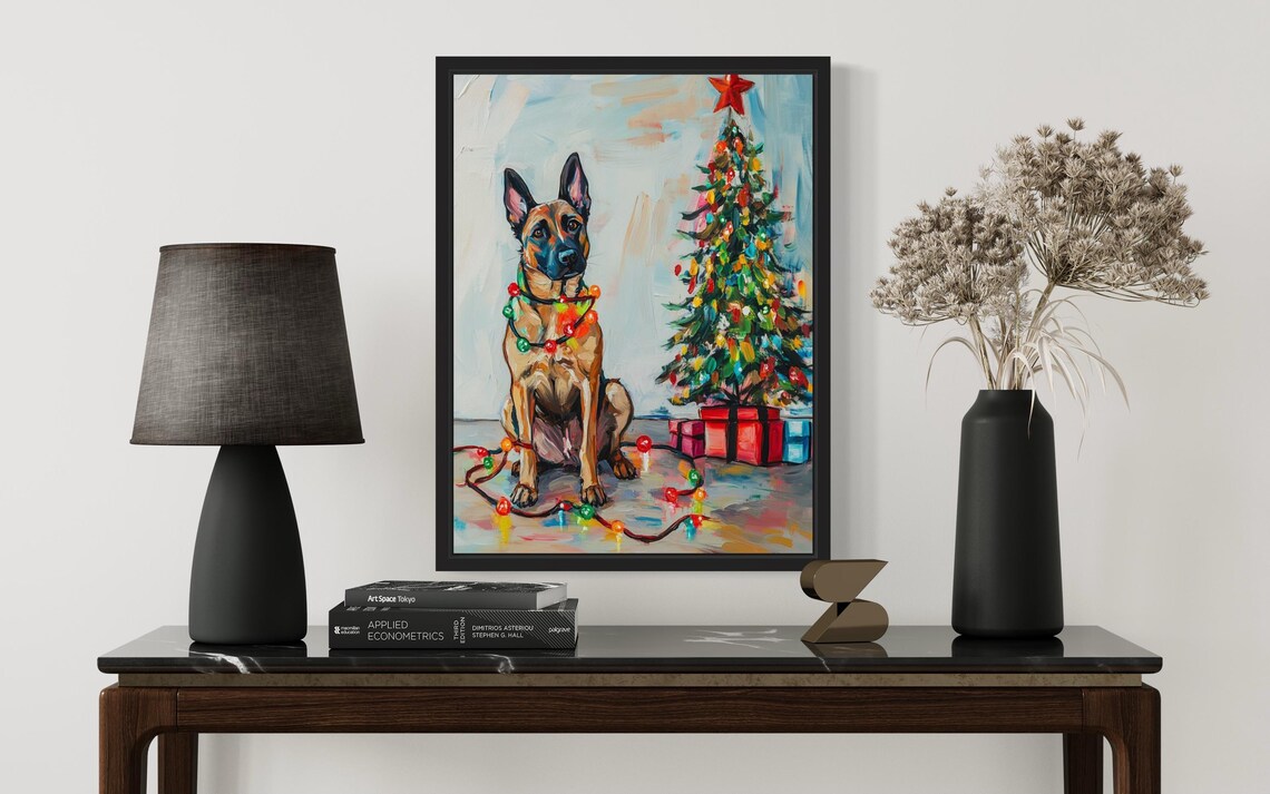 Belgian Malinois Dog Tangled In Christmas Lights Art Print - Image 2