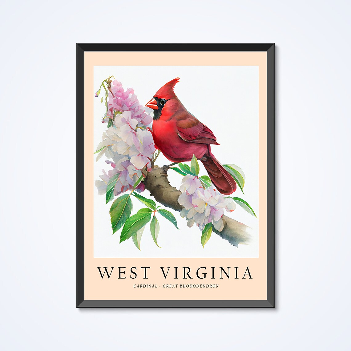 West Virginia Cardinal Rhododendron Bird Watercolor Print Artwork