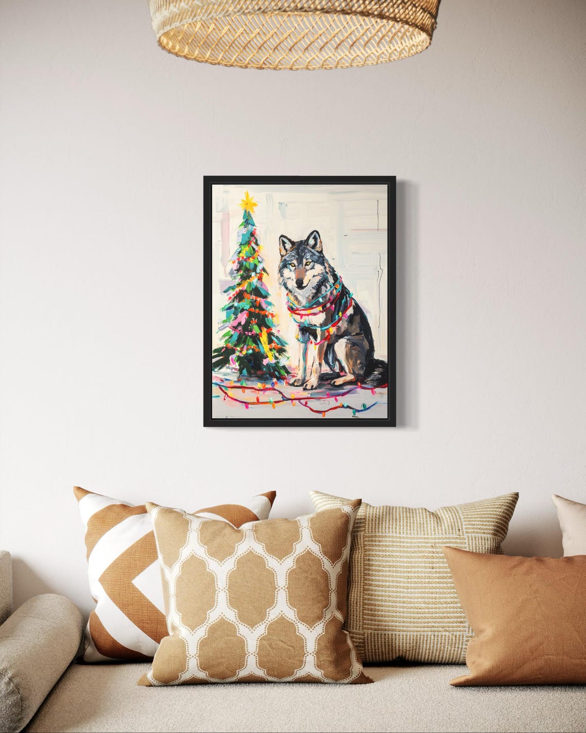 Gray Wolf Sitting Beside Christmas Tree with Colorful Lights Poster - Image 2