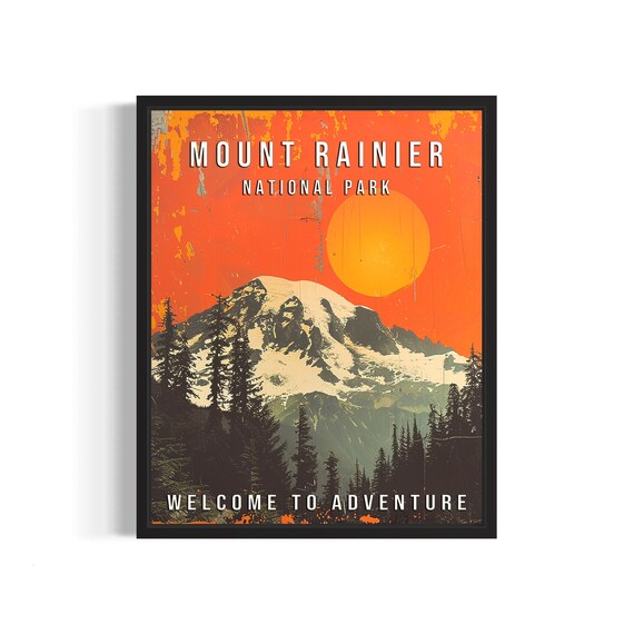 Mount Rainier National Park Washington Peak Sunset Retro Poster
