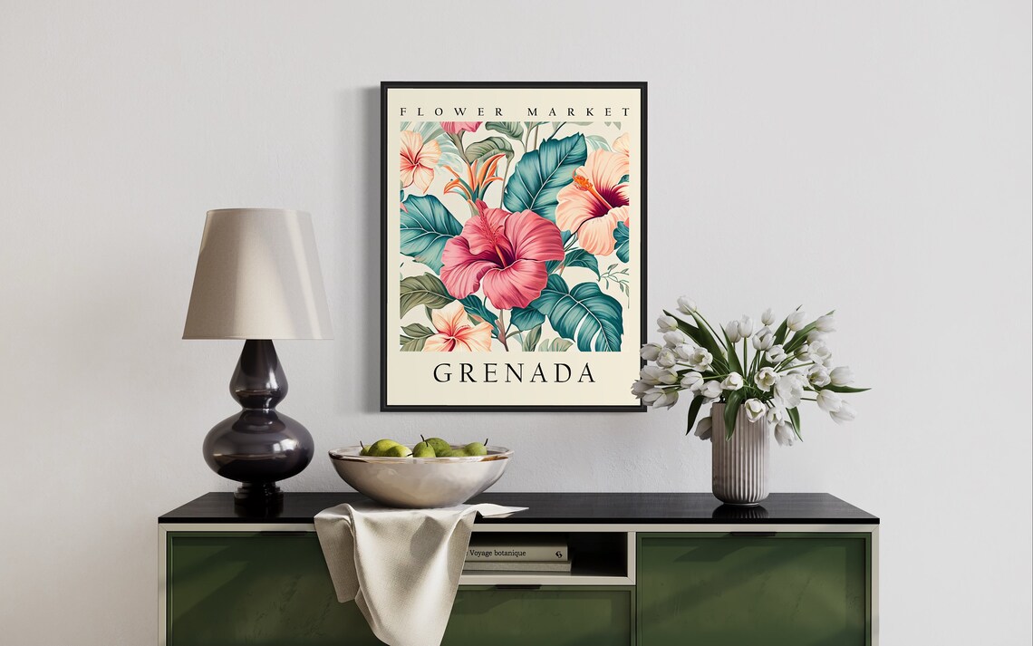 Grenada Flower Market Art Print Grenada Flower Hibiscus Wall Art Botanical Pastel Artwork - Image 2