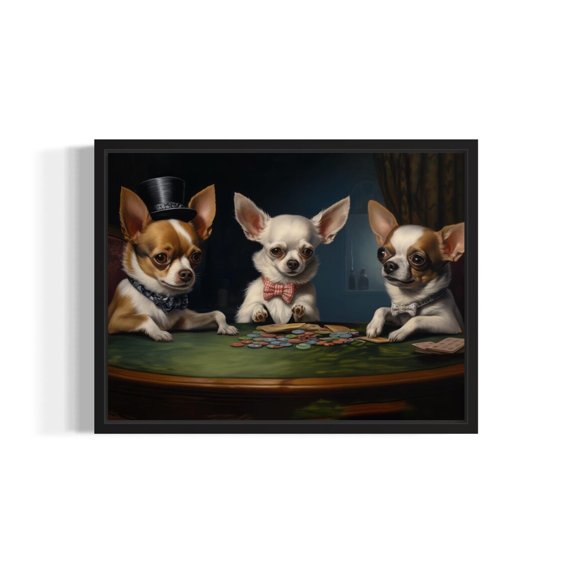 Three Chihuahua Dogs Playing Poker Card Game Painting Poster
