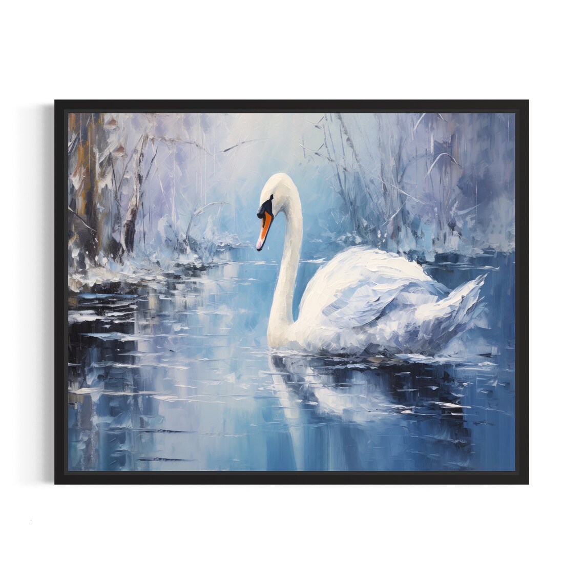 Elegant White Swan Gliding on Icy Blue Winter Water Painting Poster